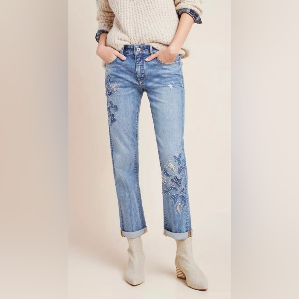 Pilcro & The Letterpress Embroidered Slim Boyfriend Jeans Floral 26 Straight Leg